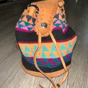 Vintage Handmade Guatemala Boho Multi Color with Leather
Trim Bucket Bag Purse